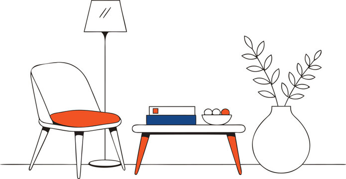 Modern living room furniture set with chair floor lamp and coffee table featuring minimalist interior design elements