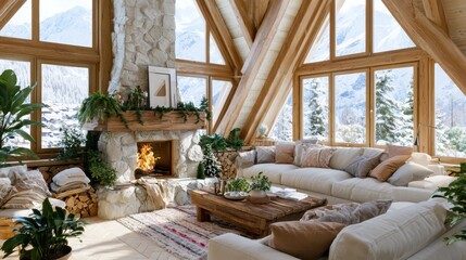 Fototapeta premium Cozy mountain cabin living room with a roaring fireplace and snowy landscape views