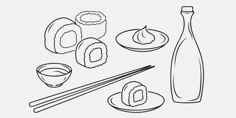 Japanese sushi elements line art including rolls wasabi and chopsticks © Sadhin07