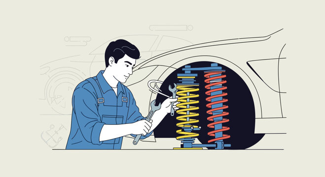 Man working on car suspension spring.