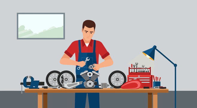 Man working on engine parts machinery.