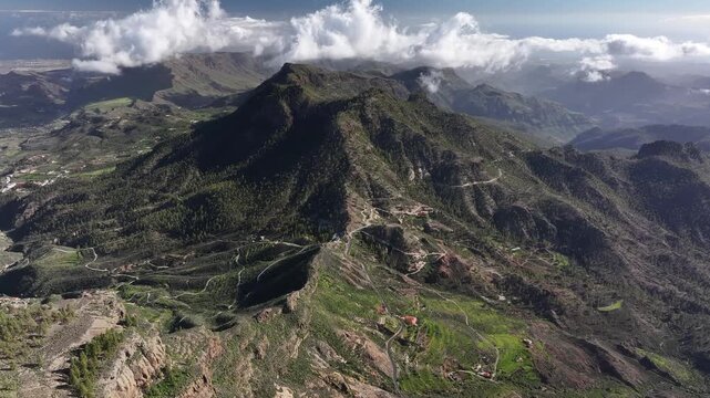Aerial view of Cruz Grande and its surrounding rock formations, Gran Canaria, Canary Islands, Spain