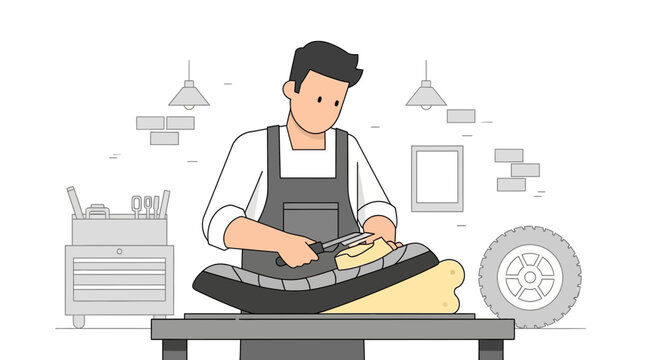 Man Working on Sewing Machine.