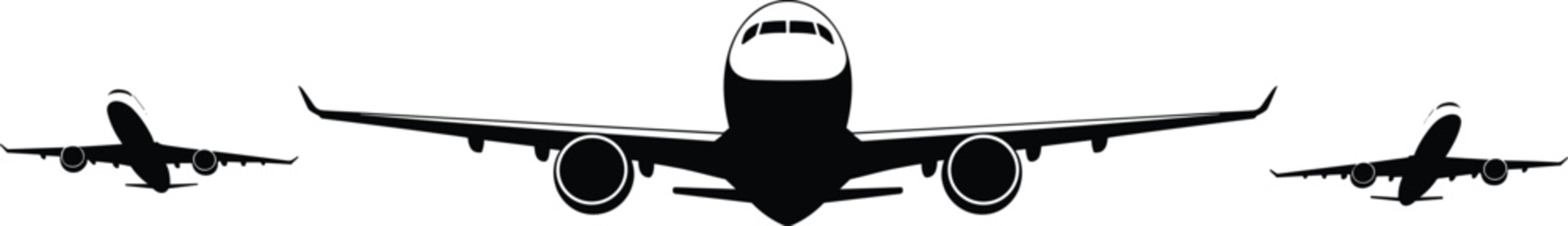 Airplanes flying in sky silhouette set with three passenger commercial aircraft jet planes front view flat vector illustration