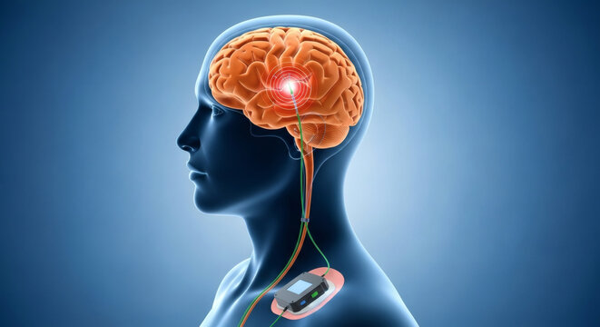 Medical illustration of human brain with neural implant technology