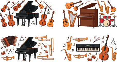 Set of Musical Instrument Vector Illustrations Featuring Pianos, Guitars, Drums, Saxophones, Trumpets, Violins, and More for Music, Education, and Design Projects © KP Studio