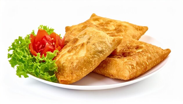 Delicious crispy fried meat pies served on a white plate with fresh green lettuce and a decorative tomato garnish on a white background.
