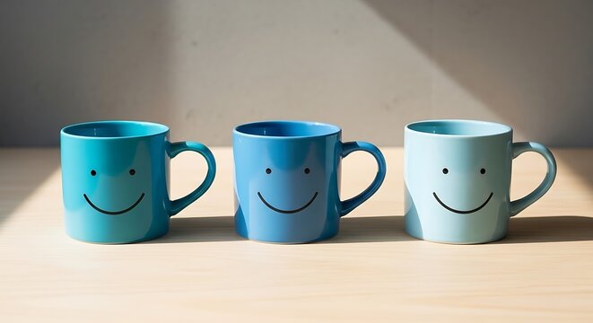 Three smiling mugs in different shades of blue