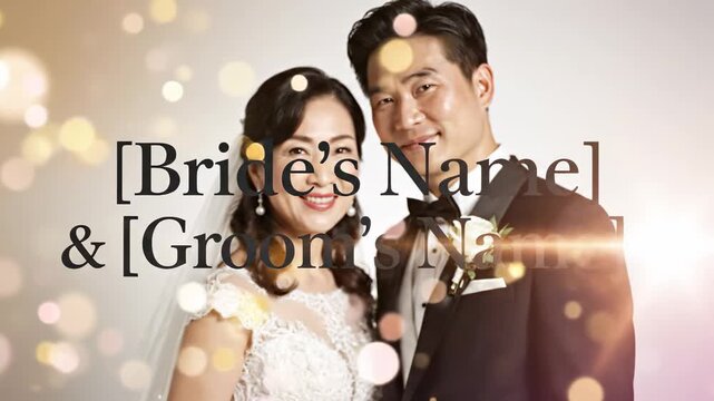 Joyful Asian bride and groom embracing tenderly on their special wedding day, adorned in elegant formal attire with soft bokeh lights creating a romantic and celebratory atmosphere