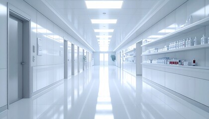 Obraz premium A clean and bright modern hospital corridor with white walls and shelves filled with pharmaceutical bottles in a clinical medical setting.
