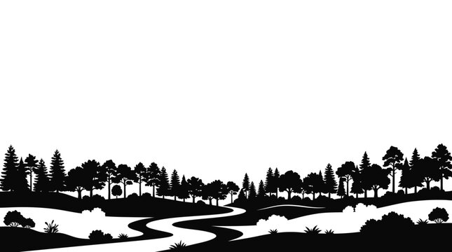 Black and white silhouette landscape with winding road and forest trees.