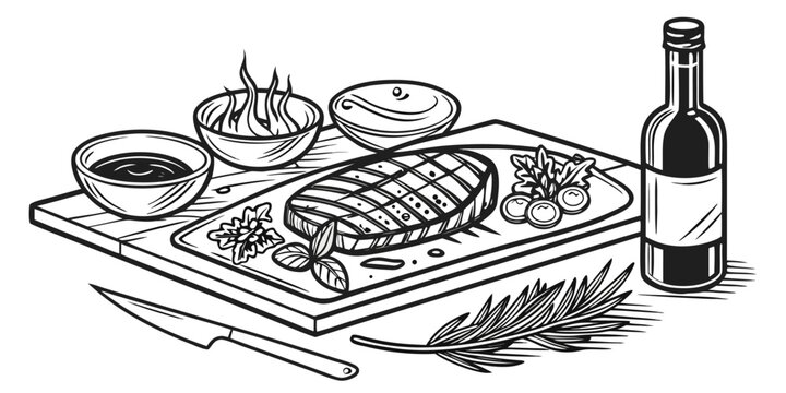 Gourmet grilled meat serving with wine and condiments vector