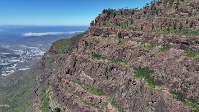 Aerial view of Barranco de Mogan and its surrounding rock formations, Gran Canaria, Canary Islands, Spain