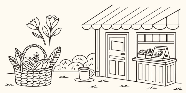 Charming bakery scene with bread basket flowers coffee and stall at farmers market