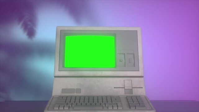 Retro Computer Terminal With Bright Green Screen and Neon Lighting