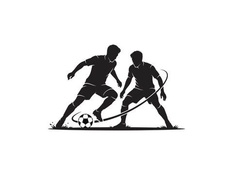 Two athletic soccer players compete for ball possession in a dynamic black silhouette style artistic photo on white background