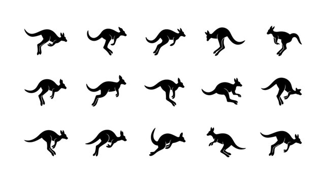 Set of jumping kangaroo silhouettes icons.