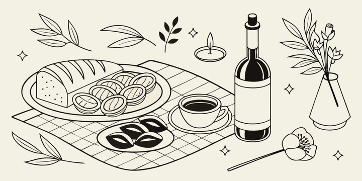 Picnic composition with bread bottle and snacks on table