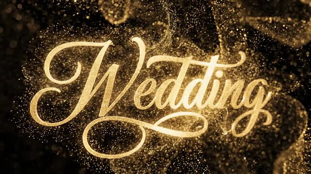 Sparkling golden cursive lettering of the word 'Wedding' illuminates against a luxurious dark backdrop filled with shimmering particles, conveying a sense of magical celebration and romantic