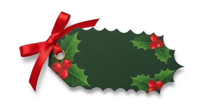 Festive holiday gift tag with red ribbon and holly berries for christmas decorations