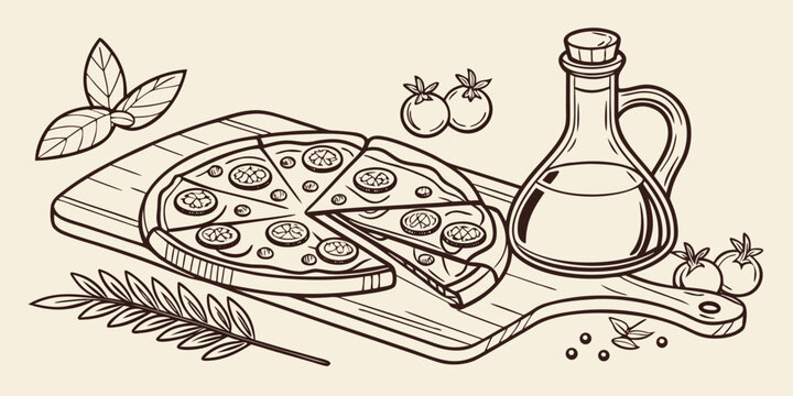 outline drawing of whole pizza on wooden board with ingredients and olive oil