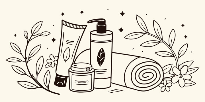 Organic beauty products with leaves and flowers, skincare, and wellness vector illustration