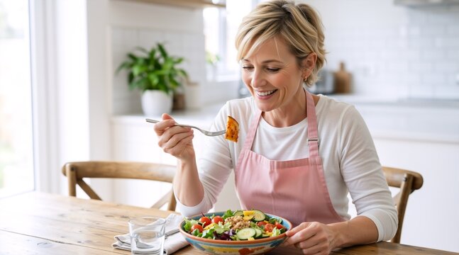 Mature woman eating a fresh vegetable salad in a bright kitchen. Happy middle aged female in an apron having a healthy lunch. Wellness and nutrition for seniors