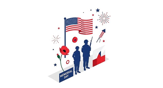 Memorial Day Illustration Featuring Soldiers Saluting American Flag With Fireworks