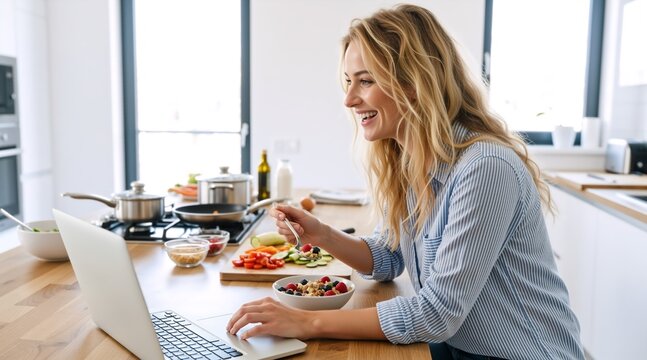 Young woman using laptop while eating breakfast in a modern kitchen. Working from home and healthy lifestyle concept. Female freelancer multitasking with computer and meal