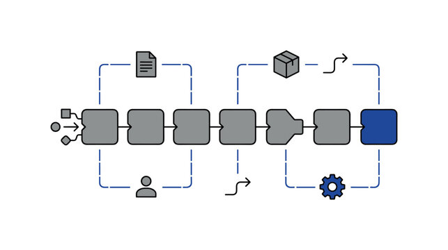 linear flow of connected blocks transforming inputs into outputs as symbolic hero object representing business process,