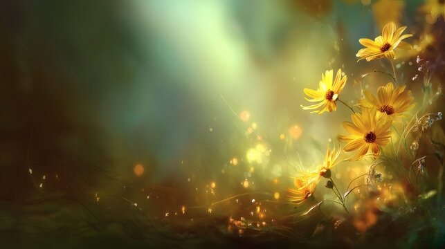 up digital illustration of bright yellow wild daisies in a meadow at sunset. Golden sunlight streams from the top left corner casting warm flares and creating a magical atmosphere. The background 