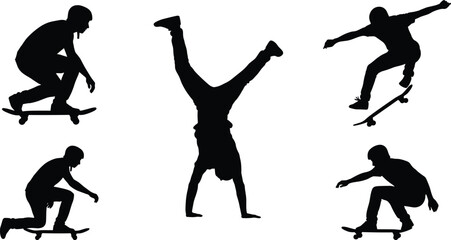 Skateboarder and breakdancer silhouette collection featuring active youth performing tricks jumps and handstands isolated on white background © MDGOLAP