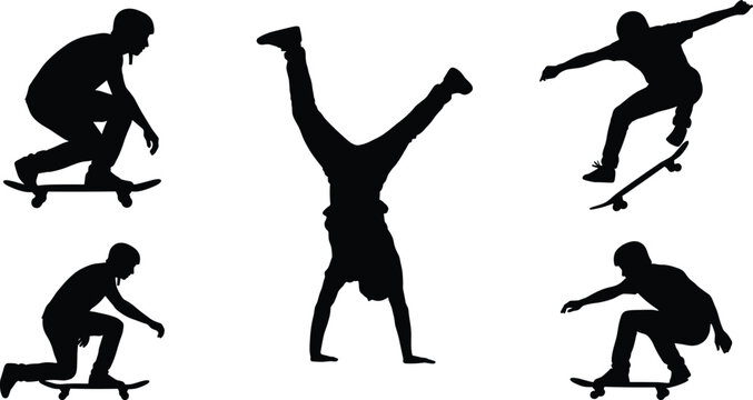 Skateboarder and breakdancer silhouette collection featuring active youth performing tricks jumps and handstands isolated on white background