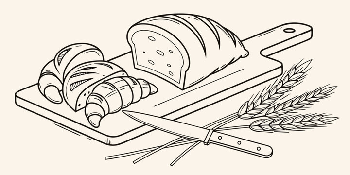 Freshly baked bread and croissants on a cutting board with a knife and wheat stalks, line art illustration