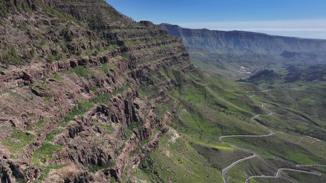Aerial view of Barranco de Mogan and its surrounding rock formations, Gran Canaria, Canary Islands, Spain