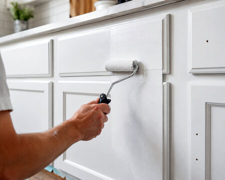 Painting Kitchen Cabinets White with Roller for Home Renovation