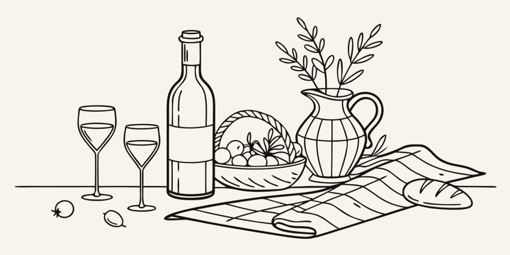 Picnic table setting with wine bottle glasses grapes and floral bouquet illustration
