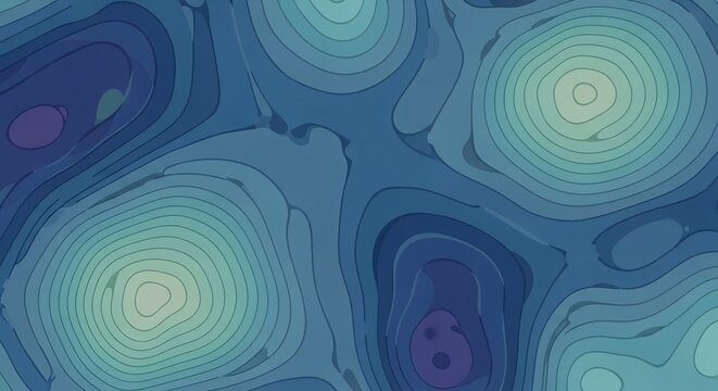 Abstract Blue Topographic Map Background with Contour Lines and Teal Gradients representing Geographical Elevation or Ocean Depth