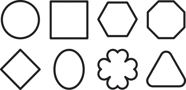 Black and white geometric shapes circle square hexagon pentagon line art icons Vector