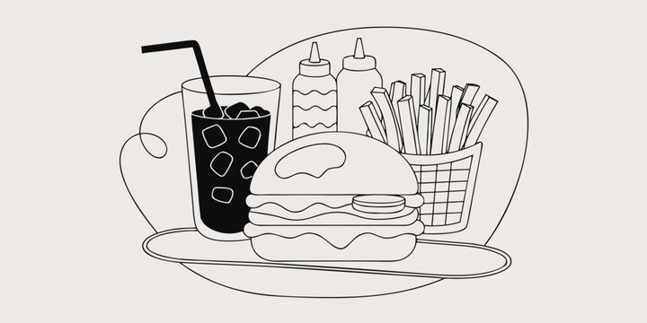 Minimalist fast food meal illustration with burger fries and soda drink