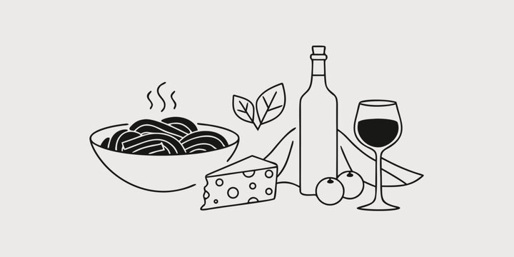 Minimalist outline drawing of pasta bowl with wine and cheese