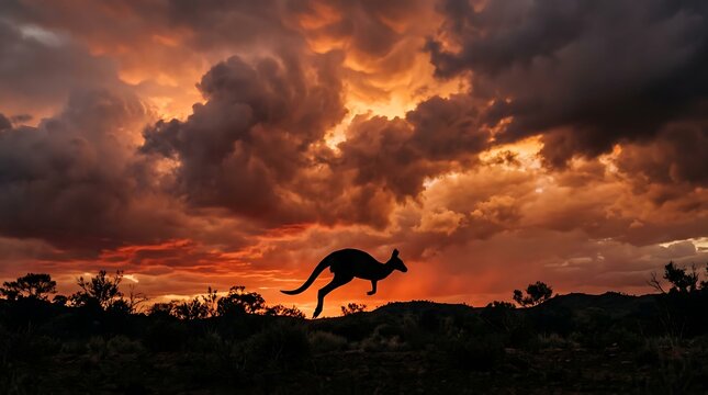 Silhouette of a kangaroo jumping against a dramatic sunset
