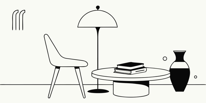 Minimalist interior design illustration featuring contemporary chair round coffee table and floor lamp