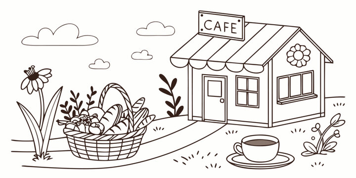 Cozy cafe exterior with bread basket flowers and coffee cup on grassy lawn