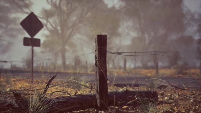 Rustic fence post marking boundary across sunlit paddock, coarse timber and barbed wire visible, soft haze and long shadows, pastoral mood with worn textures