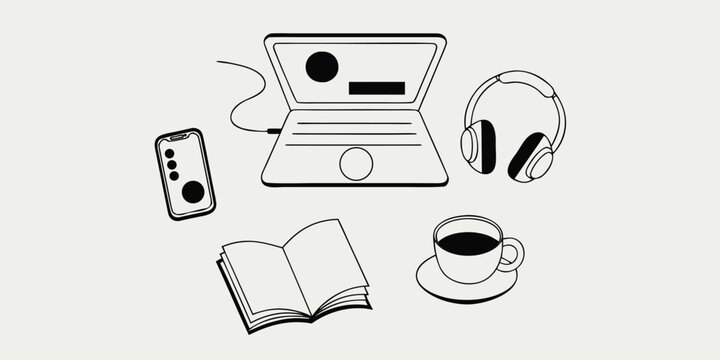 Modern flat vector illustration of laptop smartphone open book headphones and coffee
