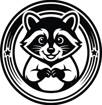 Vintage raccoon mascot logo vector, circular black and white procyon emblem, cute forest animal character badge with stars for branding
