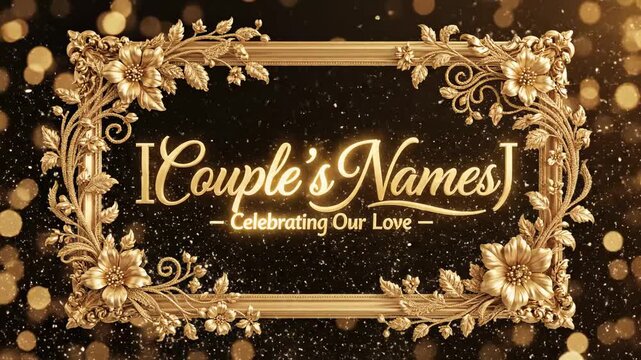 An ornate golden frame featuring the words "Couple's Names" and "Celebrating Our Love" set against a dark, sparkling atmosphere with bokeh lights, perfect for wedding invitations, anniversaries