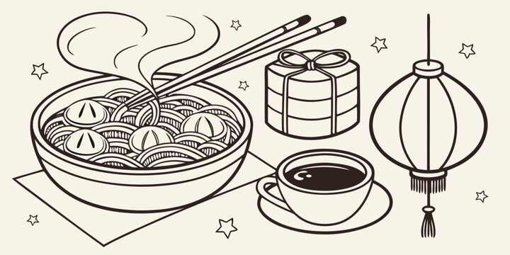 Traditional asian dinner with steaming noodle bowl, gift box, festive lantern, and hot tea