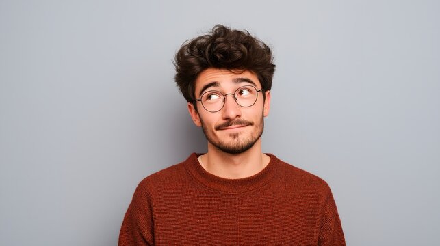 A young man in round glasses looks upward with a playful unsure expression. Useful for lifestyle, decision-making, education, social media, and branding.